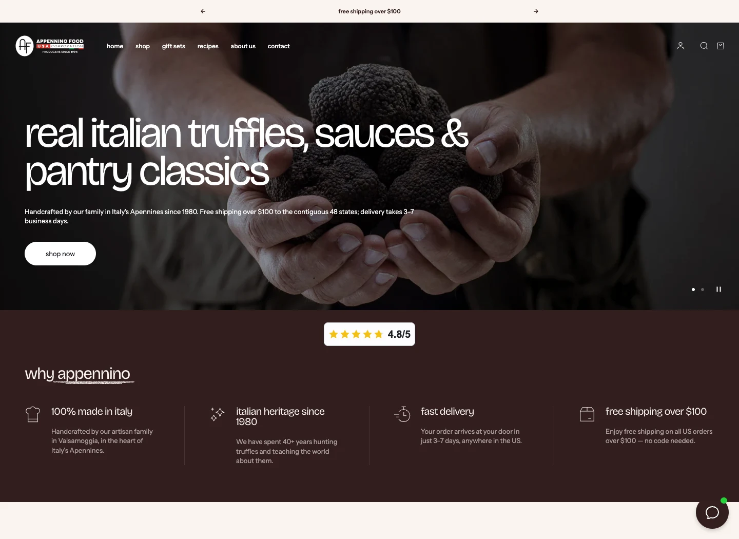 The Appennino Food Shopify storefront, showing Italian truffle products