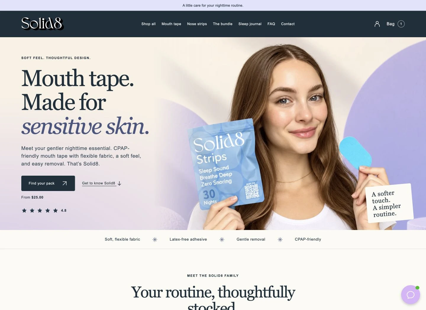 The redesigned Solid8 Shopify storefront featuring its mouth tape and nighttime routine